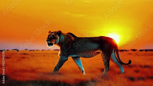 powerful lion strides confidently through the tall grass.Herds of antelope graze in the distance, The sky glows in hues of orange and purple
