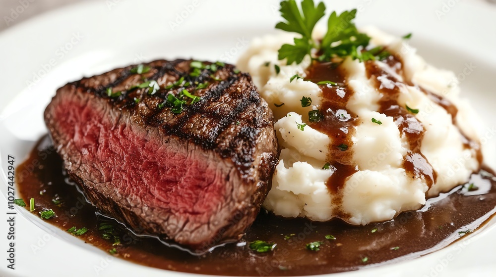 A juicy steak with a crispy crust, served with creamy mashed potatoes and a rich gravy. The perfect meal for a special occasion. A juicy steak with a crispy crust, served with creamy mashed potatoes and a rich gravy. The perfect meal for a special occasion.