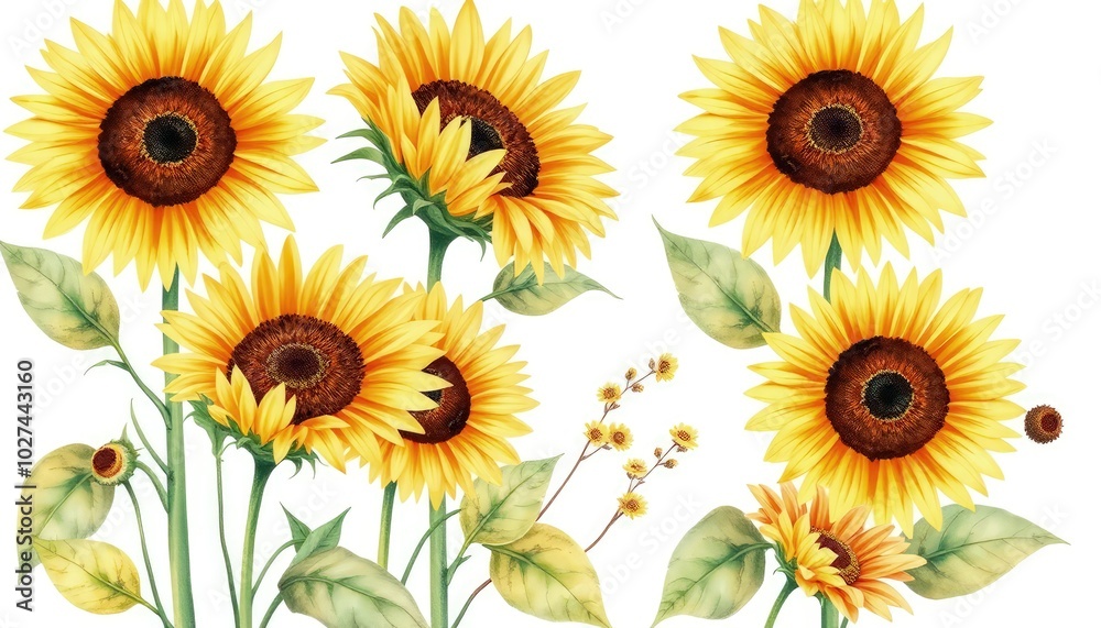 Obraz premium Sunflowers on isolated white background, watercolor botanical illustration hand-drawing set of flowers and leaves AI Generate