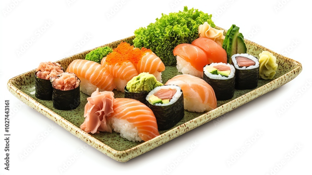 A close-up of a plate of sushi rolls, with a variety of fillings, including salmon, avocado, and cucumber. A close-up of a plate of sushi rolls, with a variety of fillings, including salmon, avocado, and cucumber.