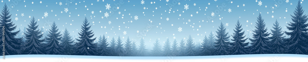 A simple vector graphic of a snowy pine forest on the bottom edge, with falling snowflakes and a gradient sky in shades of blue. The background is a flat blue color, A simple vector graphic of a snowy pine forest on the bottom edge, with falling snowflakes and a gradient sky in shades of blue. The background is a flat blue color,