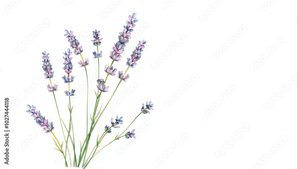 Naklejka premium Bouquet of lavender flowers on white background, watercolor hand drawing, botanical painting AI Generate
