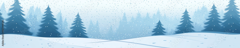 Obraz premium A simple vector graphic of a snowy pine forest on the bottom edge, with falling snowflakes and a gradient sky in shades of blue. The background is a flat blue color,