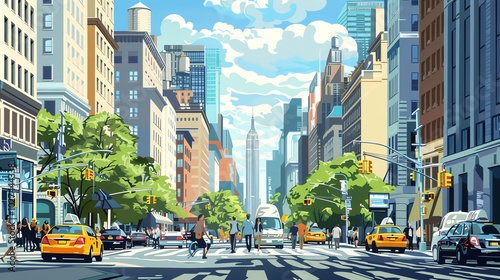 A colorful illustration of a New York City street with tall buildings and yellow cabs.
