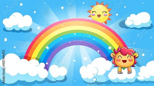 A cartoon sun and a cute little creature are smiling beneath a rainbow in a blue sky.