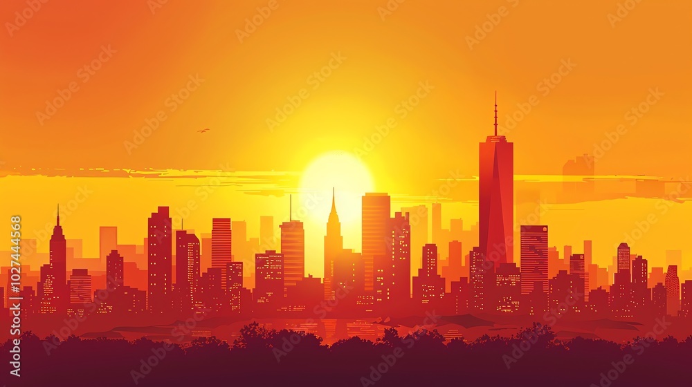 Fototapeta premium A stylized illustration of a city skyline at sunset.