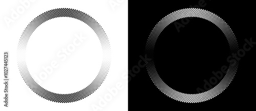 Modern abstract background. Halftone dots in circle form. Round logo, design element or icon. Vector dotted frame. A black figure on a white background and an equally white figure on the black side.
