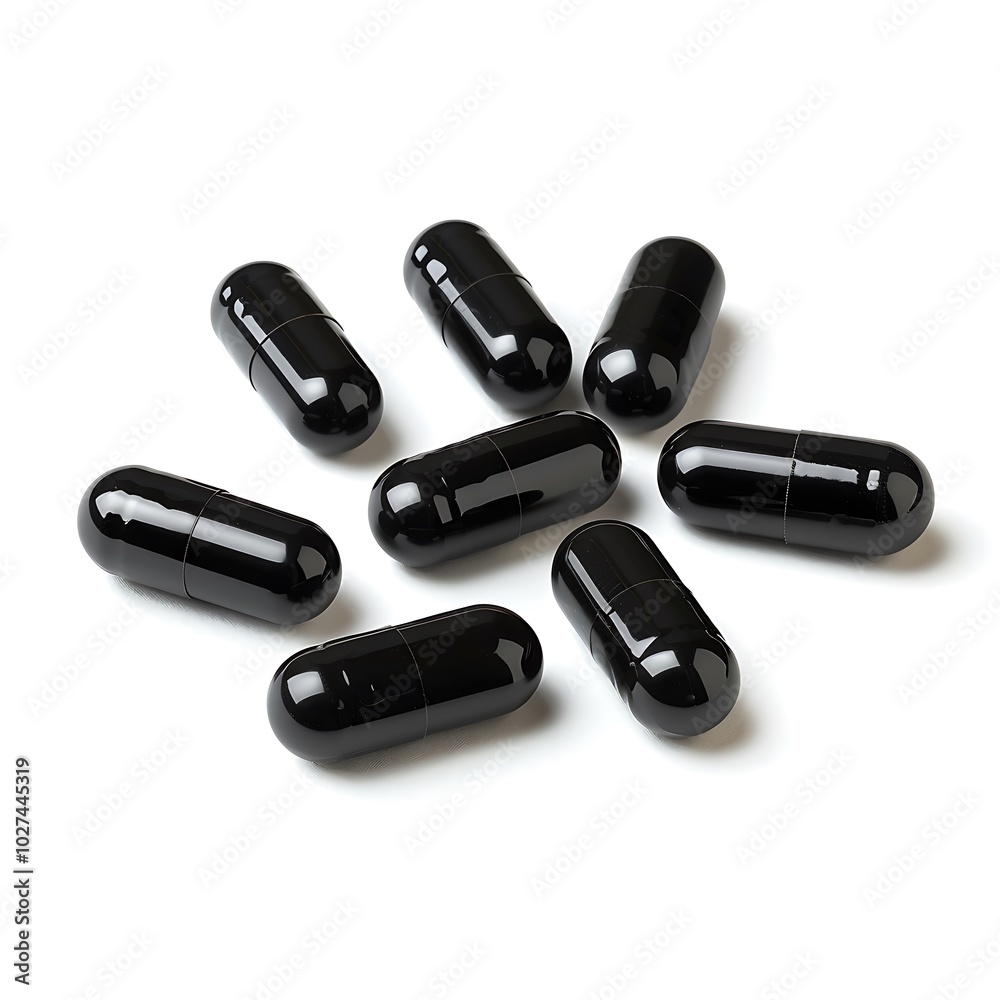 Black pills isolated on white background Black pills isolated on white background