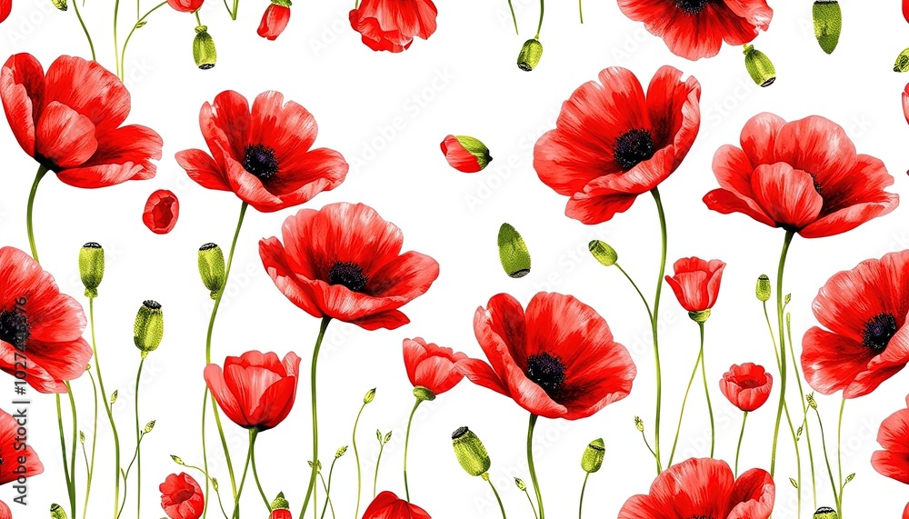 Obraz premium Red poppies flowers on isolated background, watercolor illustration, seamless pattern AI Generate