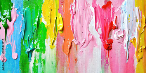 A colorful painting with a rainbow of colors and a white background