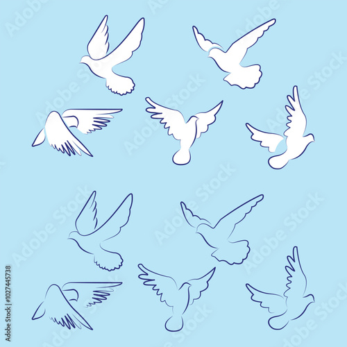 Set of White Doves, White Dove, White flying dove