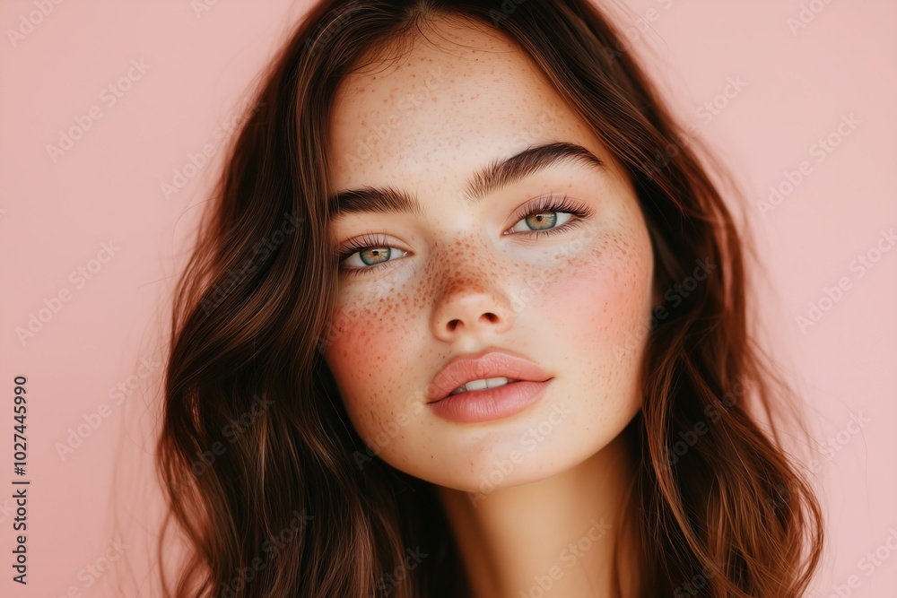 model with freckles and glowing skin, posing against a soft pastel-colored backdrop, her hair styled in loose waves model with freckles and glowing skin, posing against a soft pastel-colored backdrop, her hair styled in loose waves