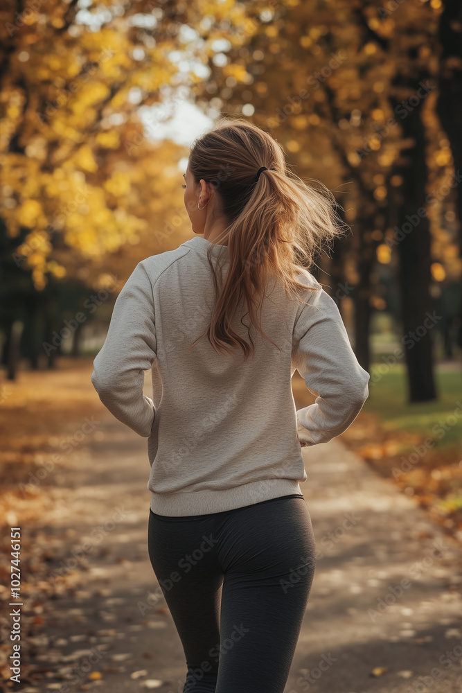 A female interested in sports, jogging slowly, view from the back, autumn city park A female interested in sports, jogging slowly, view from the back, autumn city park