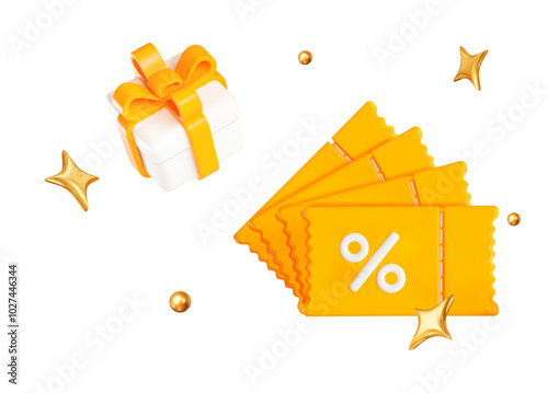 3d yellow coupons with white gift box, with gold stars on isolated background. Promotion for your ads with present box and voucher. Stock vector illustration on isolated background.