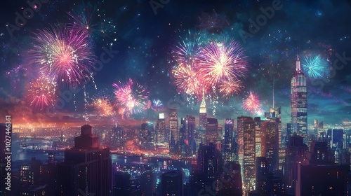 Cityscape with Vibrant Fireworks Display