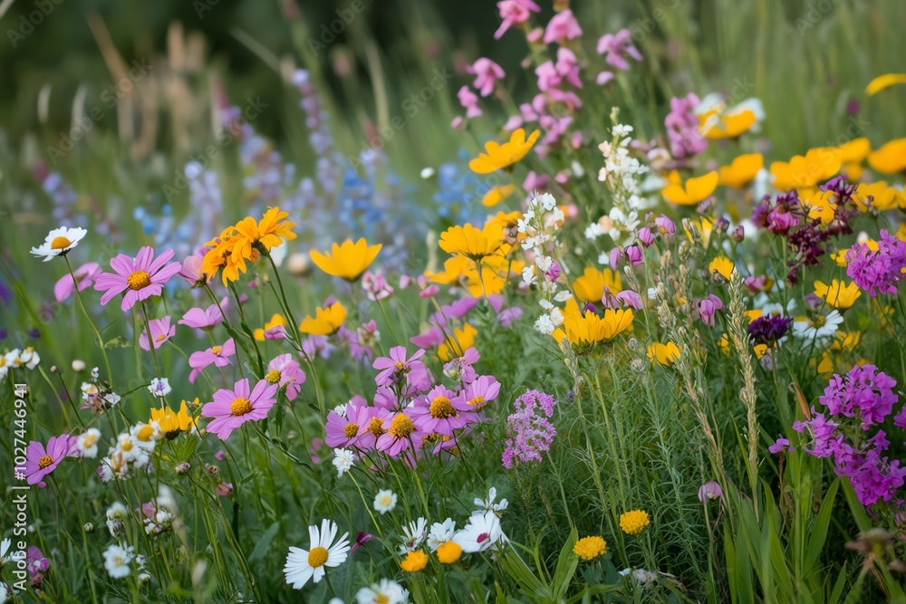 Fototapeta premium Vibrant wildflower meadow with blooming colorful blossoms in a lush green field, capturing the essence of springtime beauty and nature's diversity.