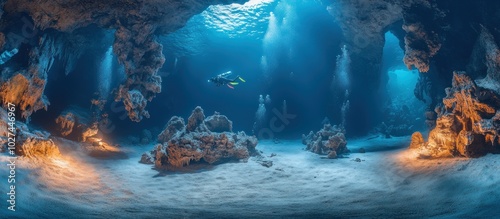 A lone scuba diver explores a cavern in the blue ocean, surrounded by rocky formations and a sandy bottom. Sunlight streams through the opening, illuminating the scene.