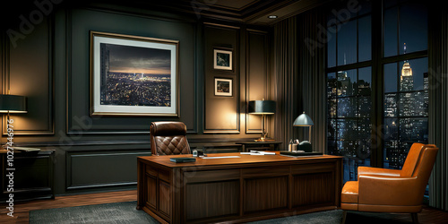 A dark room with a large framed picture of a city skyline on the wall