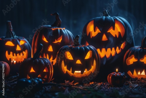 A group of pumpkins with their eyes open and mouths wide open, creating a spooky