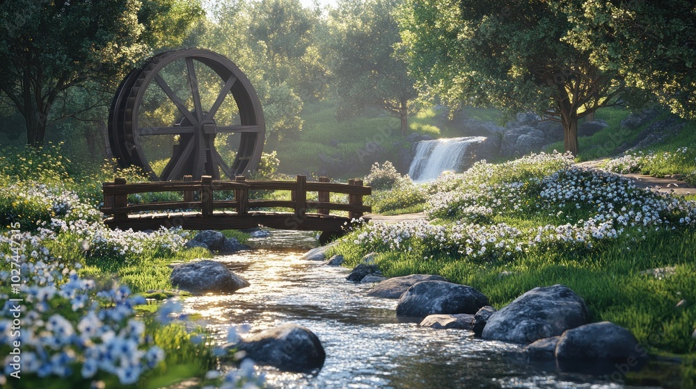 A wooden bridge spans a sparkling stream flowing through a verdant forest, with a waterwheel and a cascading waterfall in the background. A wooden bridge spans a sparkling stream flowing through a verdant forest, with a waterwheel and a cascading waterfall in the background.