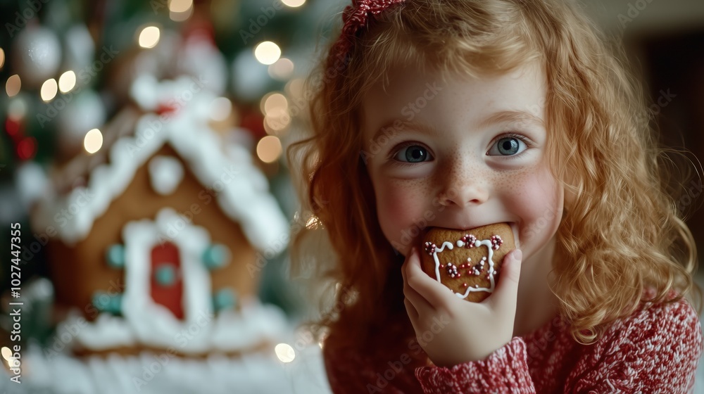 Naklejka premium A young child smiles brightly while holding a gingerbread cookie, festive decor surrounds her