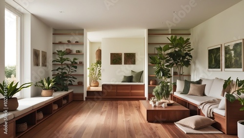 A room with a couch and a book shelf with plants and a couch photo