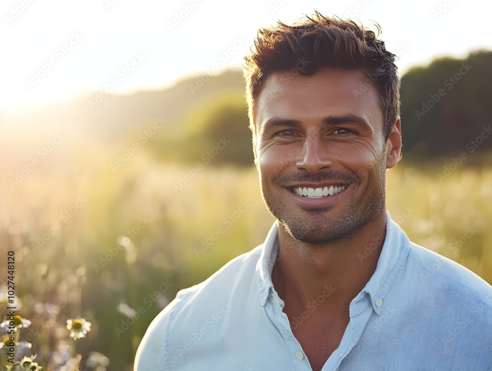 Smiling Man in Sunlit Field of Wildflowers Handsome Peaceful Portrait Concept Smiling Man in Sunlit Field of Wildflowers Handsome Peaceful Portrait Concept