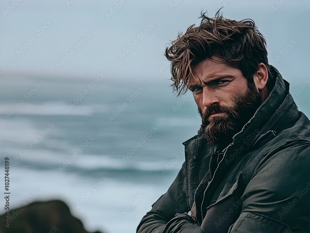 Ruggedly Handsome Man Stands on Windswept Cliff by the Ocean Ruggedly Handsome Man Stands on Windswept Cliff by the Ocean