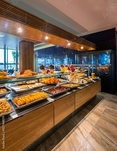 Un buffet de desayuno en un hotel de cuatro estrellas, con una amplia variedad de opciones, dispuesto de manera ordenada y apetecible. photo