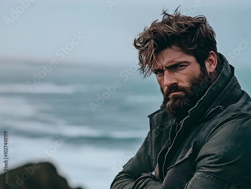 Ruggedly Handsome Man Stands on Windswept Cliff by the Ocean