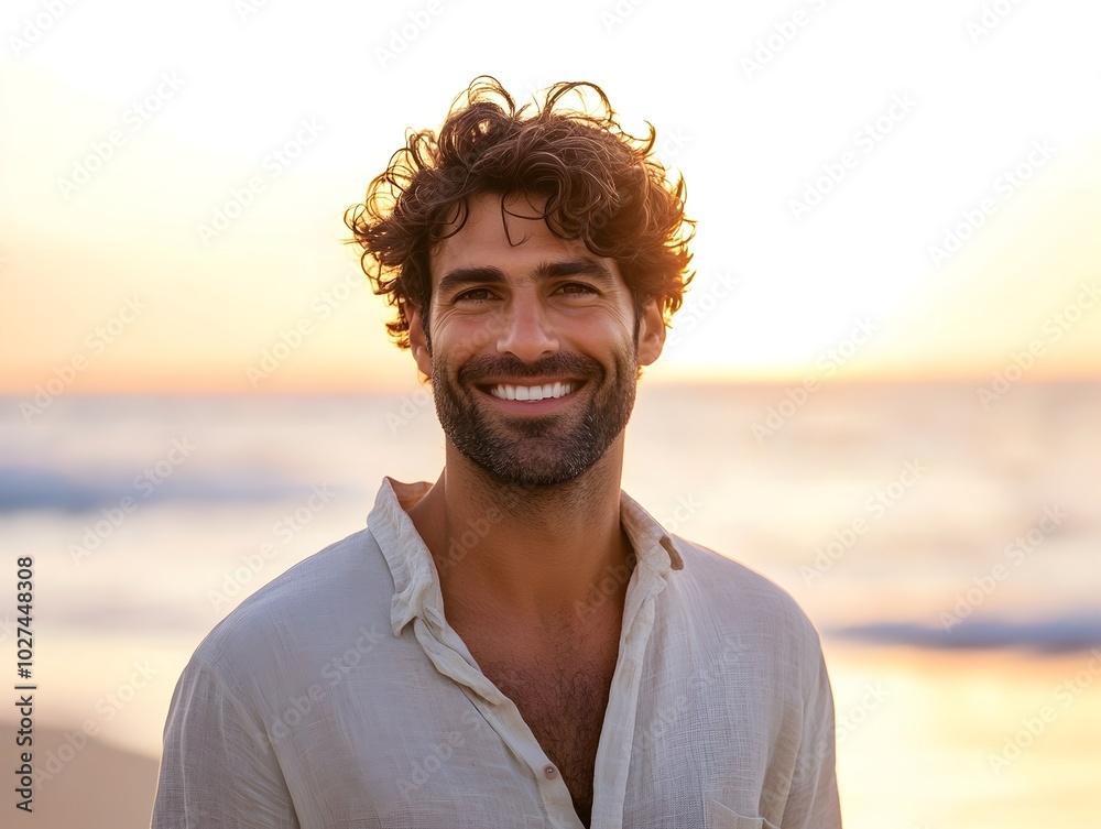 Handsome Man with Warm Smile Stands on Beach at Sunset Casual Portrait in Linen Shirt Handsome Man with Warm Smile Stands on Beach at Sunset Casual Portrait in Linen Shirt