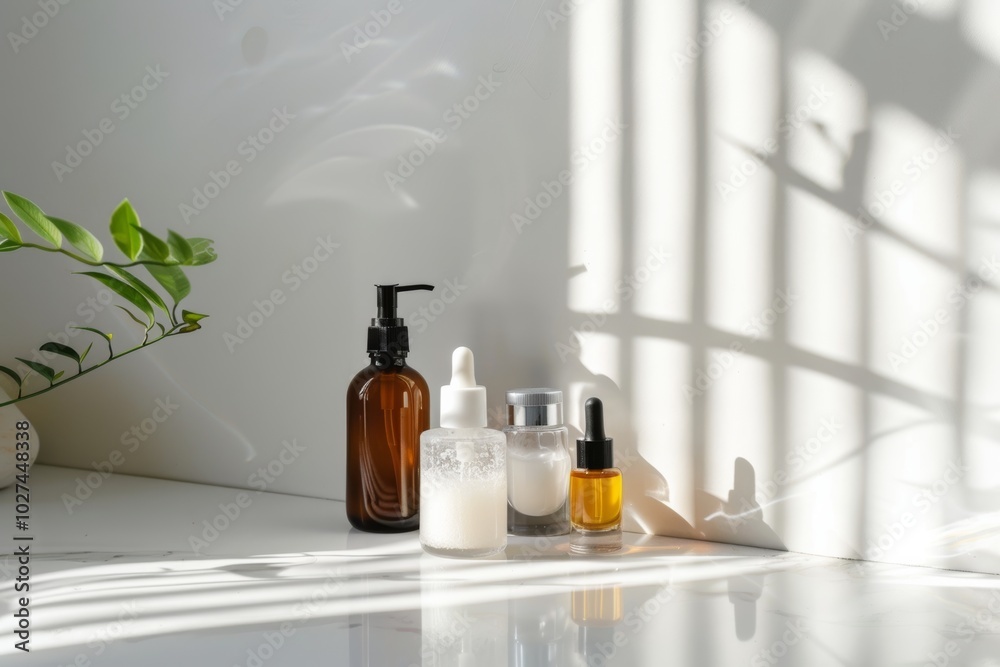 Skincare products on sunlit surface Skincare products on sunlit surface