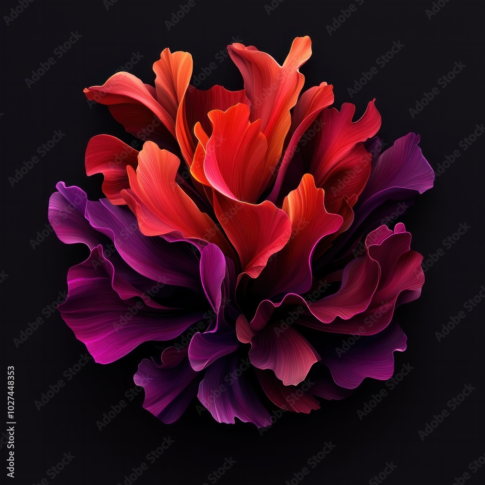 A vibrant abstract design featuring layered, colorful petals in shades of red and purple against a dark background.