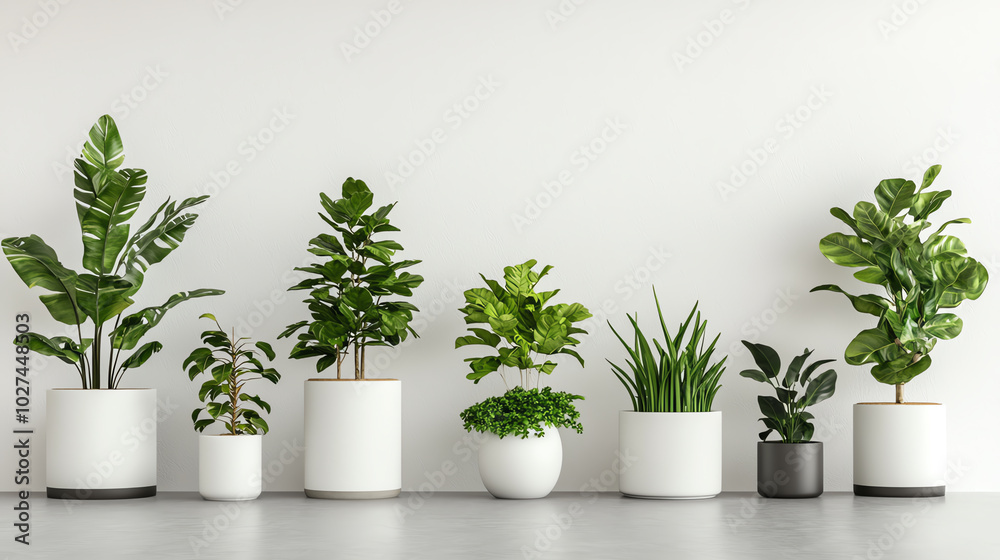 A variety of potted plants displayed on a minimalist background. A variety of potted plants displayed on a minimalist background.