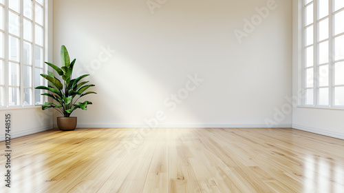 Bright, spacious room with wooden floor and indoor plant by the window.