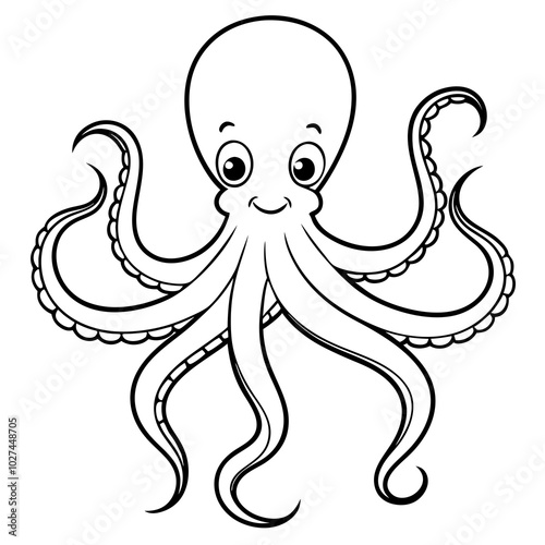 simple icon Children coloring book page, line art, monochrome black and white, cartoon outline cute style, illustration of octopus