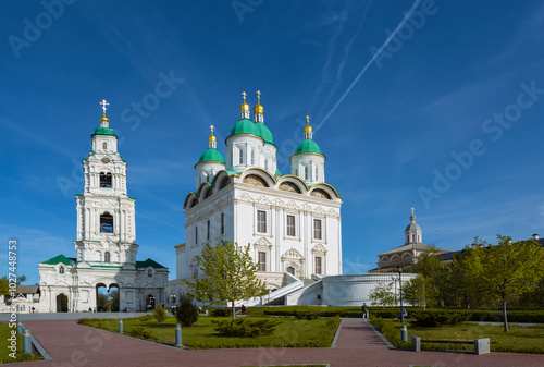 View of the Astrakhan Kremlin with the Cathedral of the Assumption and the over the bell tower on a sunny spring day. Astrakhan, Russia