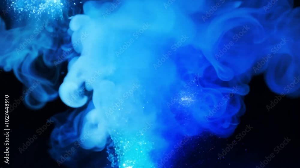 4K Slow Motion  Blue glowing smoke glitter fume haze explosion background
