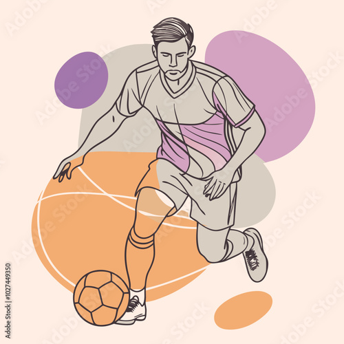 Vector illustration of a football player mid-dribble, focusing on footwork and movement. Smooth, clean lines perfect for sports apparel and products.