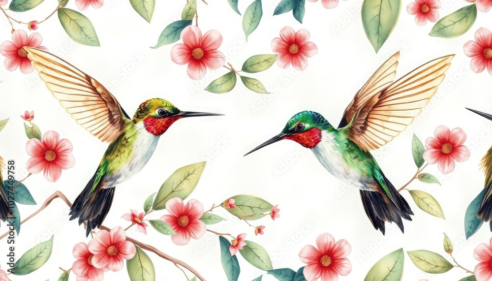 Fototapeta premium Hummingbird watercolor illustration seamless pattern AI Generate