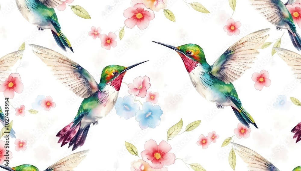 Hummingbird watercolor illustration seamless pattern AI Generate Hummingbird watercolor illustration seamless pattern AI Generate