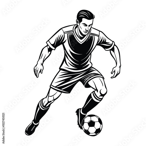 Vector illustration of a football player mid-dribble, focusing on footwork and movement. Smooth, clean lines perfect for sports apparel and products.