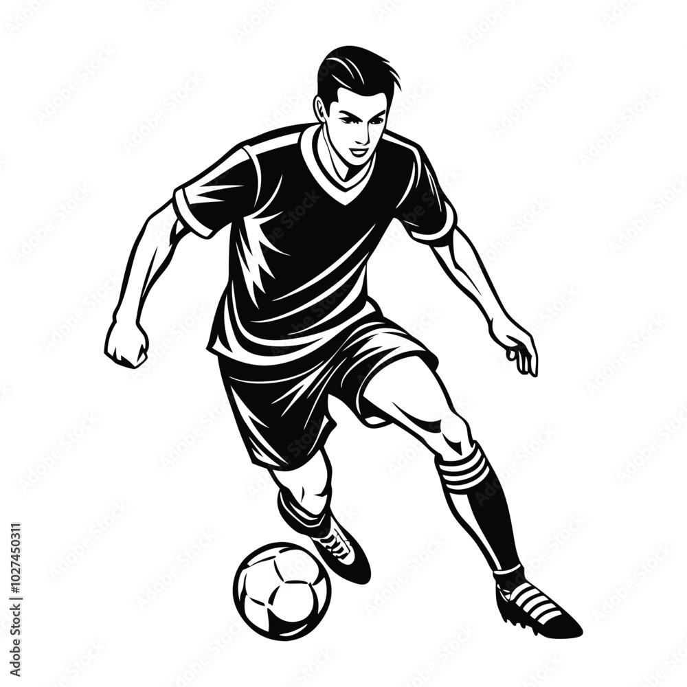 Naklejka premium Vector illustration of a football player mid-dribble, focusing on footwork and movement. Smooth, clean lines perfect for sports apparel and products.