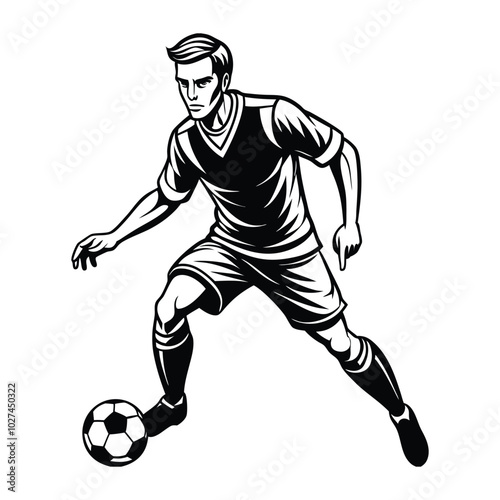 Vector illustration of a football player mid-dribble, focusing on footwork and movement. Smooth, clean lines perfect for sports apparel and products.