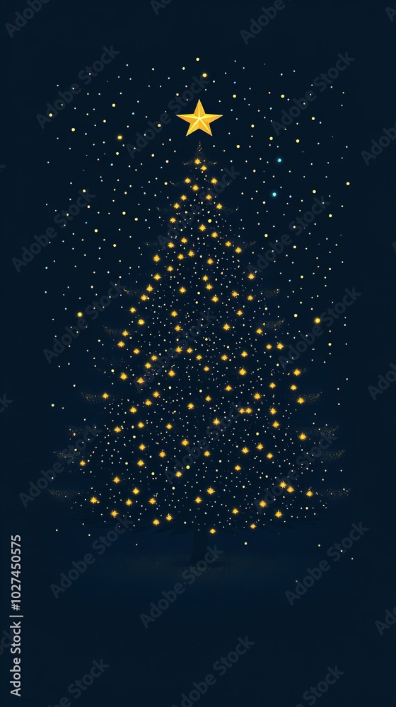 Naklejka premium A minimalist Christmas tree design with golden lights against a dark blue background.