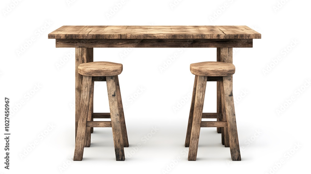 Rustic Wooden Table and Two Stools Set for Kitchen or Bar Interior Design Rustic Wooden Table and Two Stools Set for Kitchen or Bar Interior Design