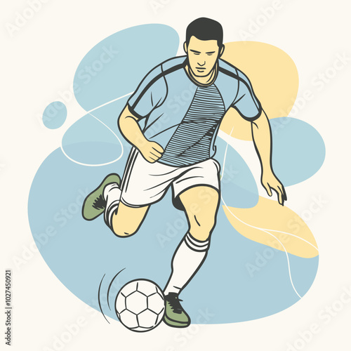 Vector illustration of a football player mid-dribble, focusing on footwork and movement. Smooth, clean lines perfect for sports apparel and products.