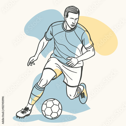 Vector illustration of a football player mid-dribble, focusing on footwork and movement. Smooth, clean lines perfect for sports apparel and products.