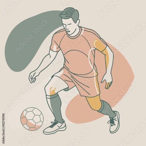 Vector illustration of a football player mid-dribble, focusing on footwork and movement. Smooth, clean lines perfect for sports apparel and products.