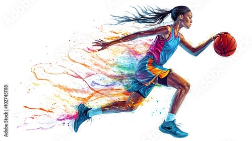 Energetic Female Basketball Player Dribbling with Colorful Abstract Design